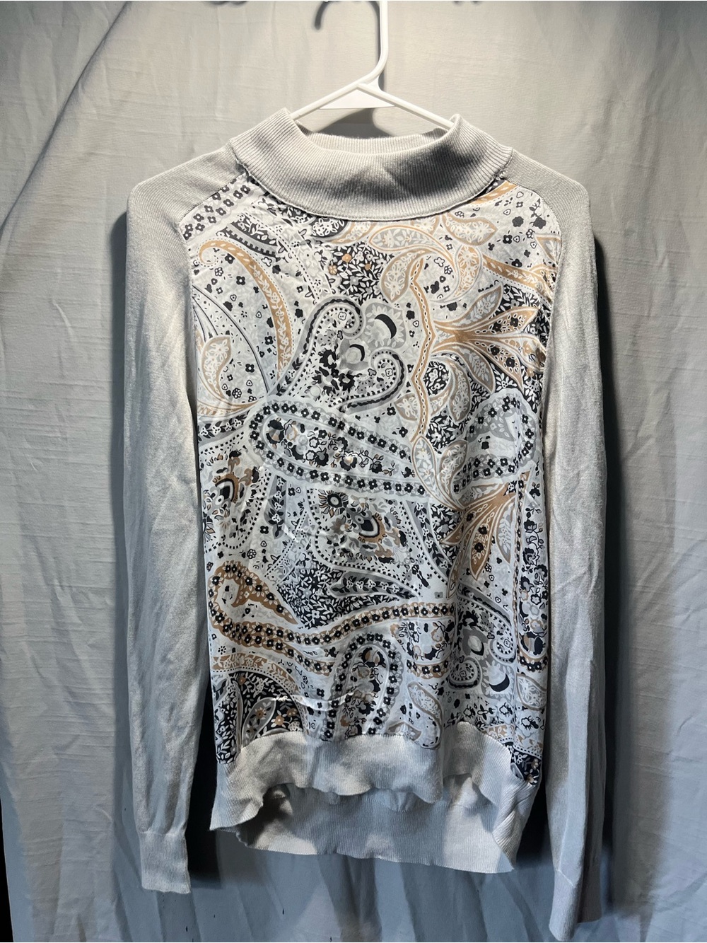 Ann Taylor White Mock Neck Paisley Pullover with Tan & Black Accents